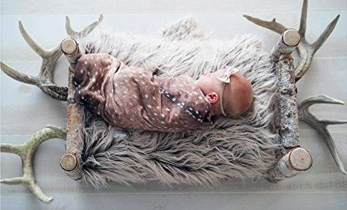 Newborn baby photography posing idea with deer antlers and a rustic handmade log crib photo prop.