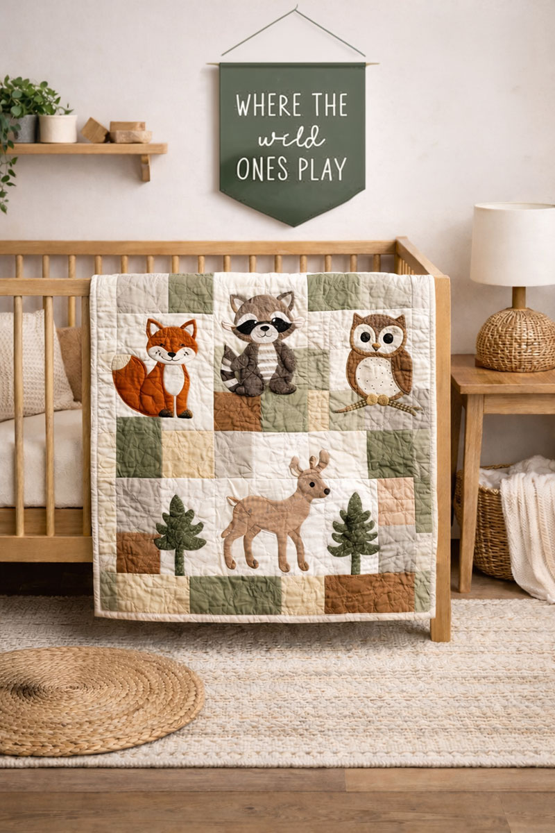 Woodland inspired baby quilt in neutral earth tones styled on a natural wood crib in a softly layered nursery