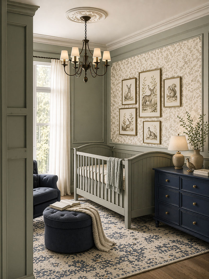 Elegant sage green and navy blue woodland forest nursery with minimal animal accents