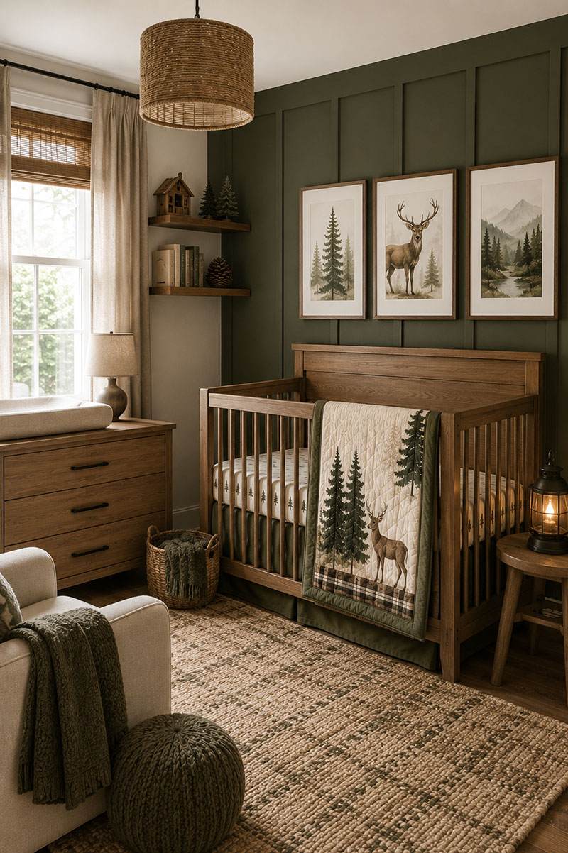 Woodland nursery color palette with pine green walls and oak furniture