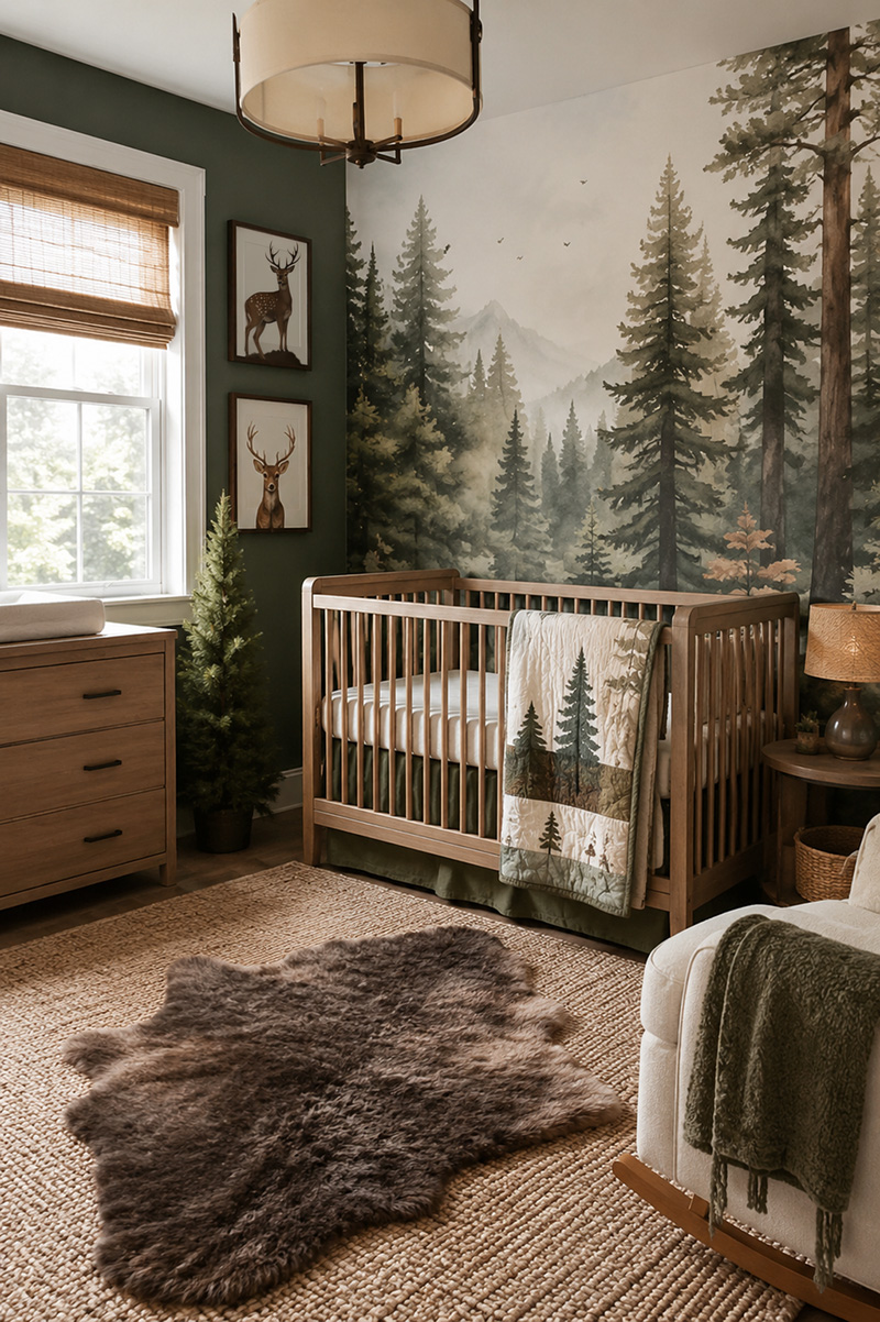 Woodland nursery decor ideas with forest animal wall art, natural textures, and cozy baby room accents