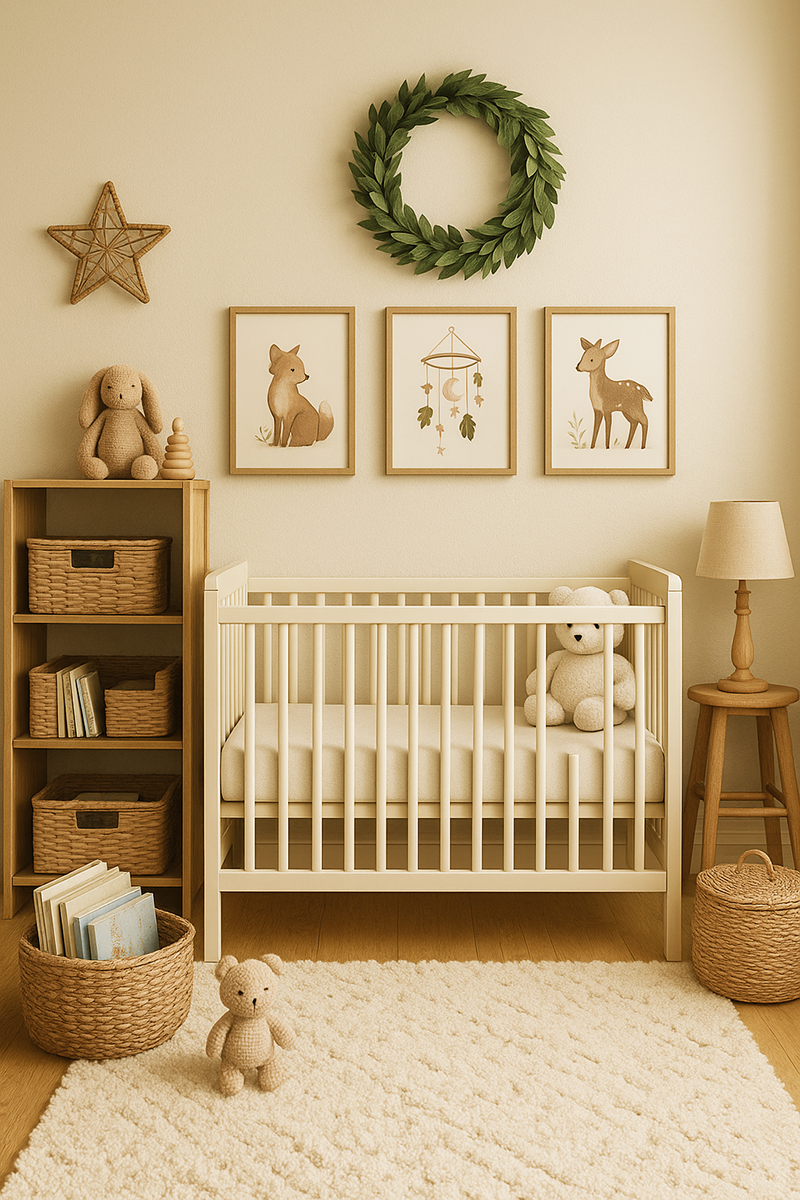 Warm woodland nursery with natural wood crib, soft neutral tones, textured rug, and cozy handcrafted décor.