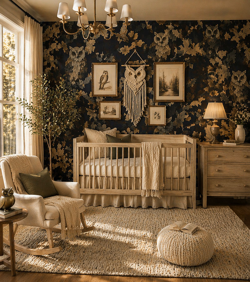Woodland nursery with forest-inspired owl decor, soft natural textures, and gentle diy owl forest animal accents