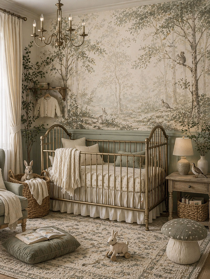 Woodland nursery with layered textures and simple decor