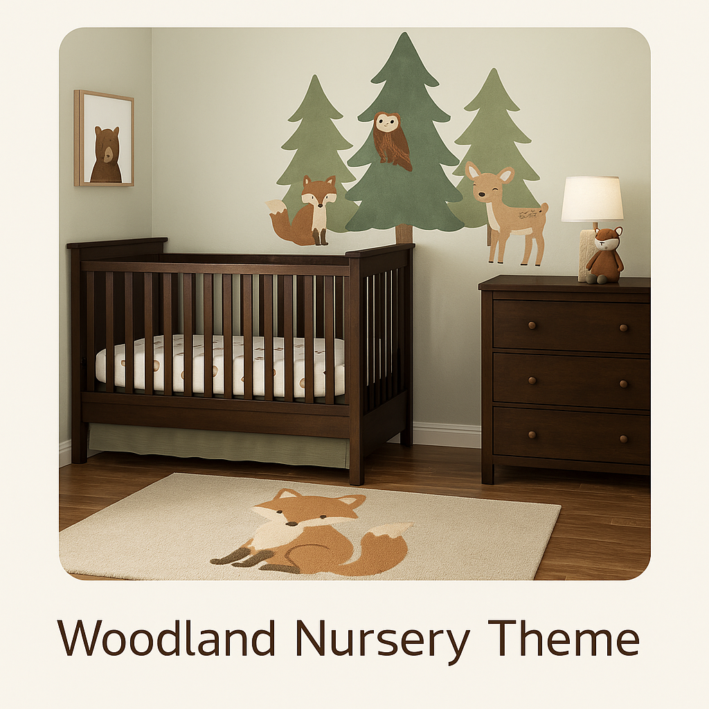 Woodland nursery theme for baby boy with forest animal wall art