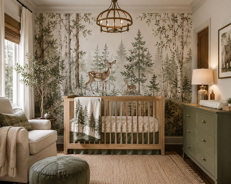 Woodland nursery wallpaper with layered forest wall styling