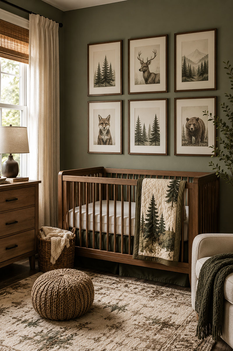 Woodland nursery wall decor with framed forest artwork and natural wood tones