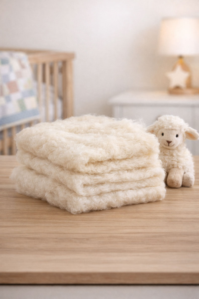 Natural wool batting folded for crib quilt layering