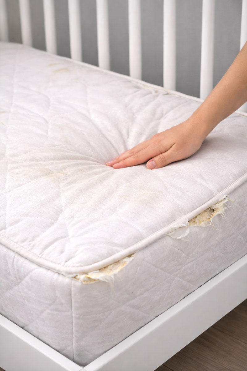 Example of worn crib mattress with visible sagging and indentations showing why replacement may be needed
