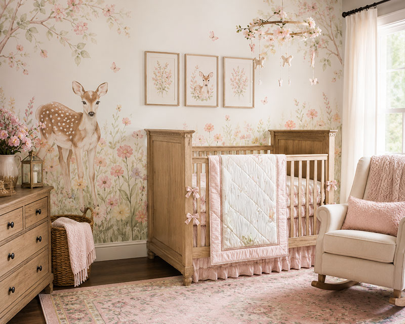 Nature-inspired deer meadow nursery with woodland wall mural