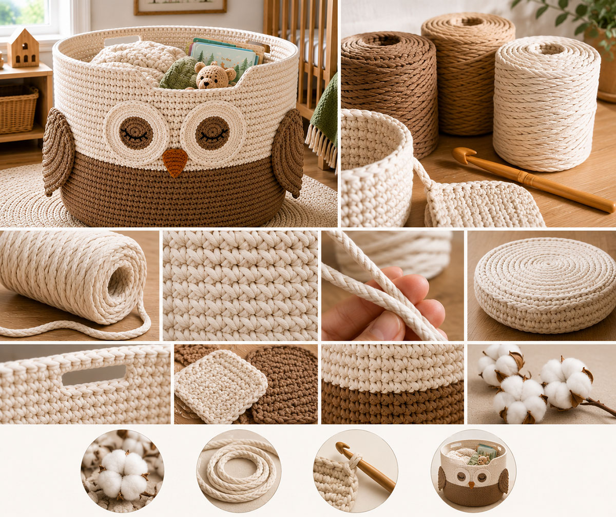 Cotton cord, large crochet hook, locking stitch markers, tapestry needle and measuring tape for an XXL crochet storage basket