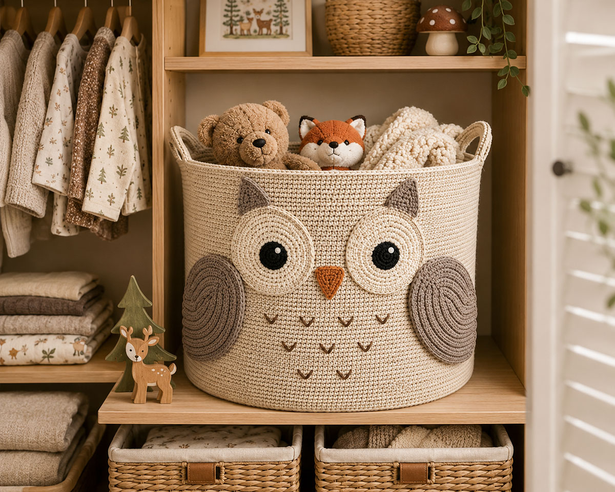 XXL woodland owl crochet basket made with the free crochet owl basket pattern organizing blankets and soft toys in a woodland baby nursery closet
