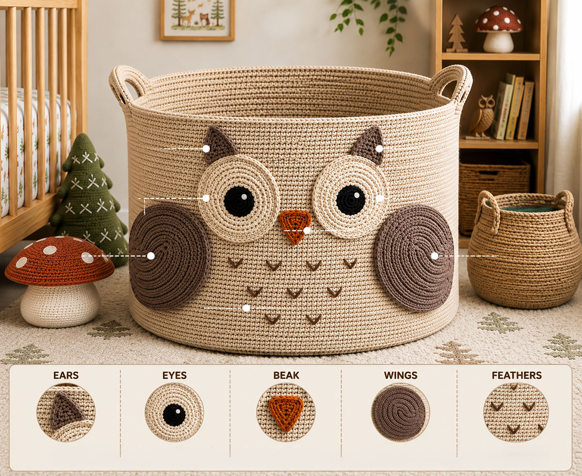 XXL woodland owl crochet storage basket showing the placement of cream and black eyes, rust beak, taupe pointed ears, textured wings and embroidered chest markings