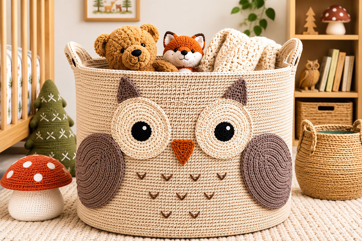 Crocheted pieces for an XXL woodland owl storage basket including two cream and black eye panels, a rust beak, two taupe pointed ears and two textured taupe side wings