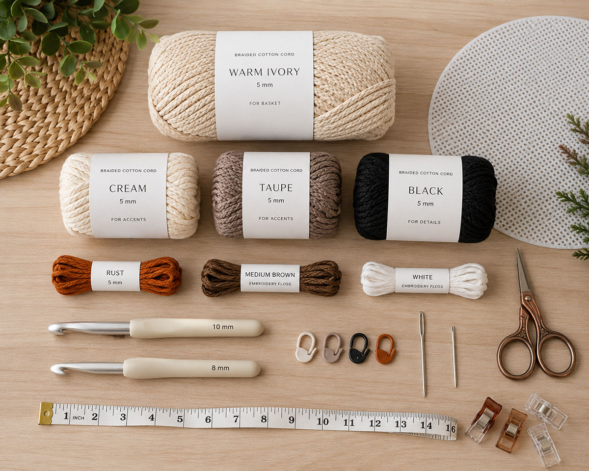 Materials for crocheting the owl features including cream, taupe, black and rust cotton cord, an 8 mm crochet hook, stitch markers, tapestry needles and embroidery materials