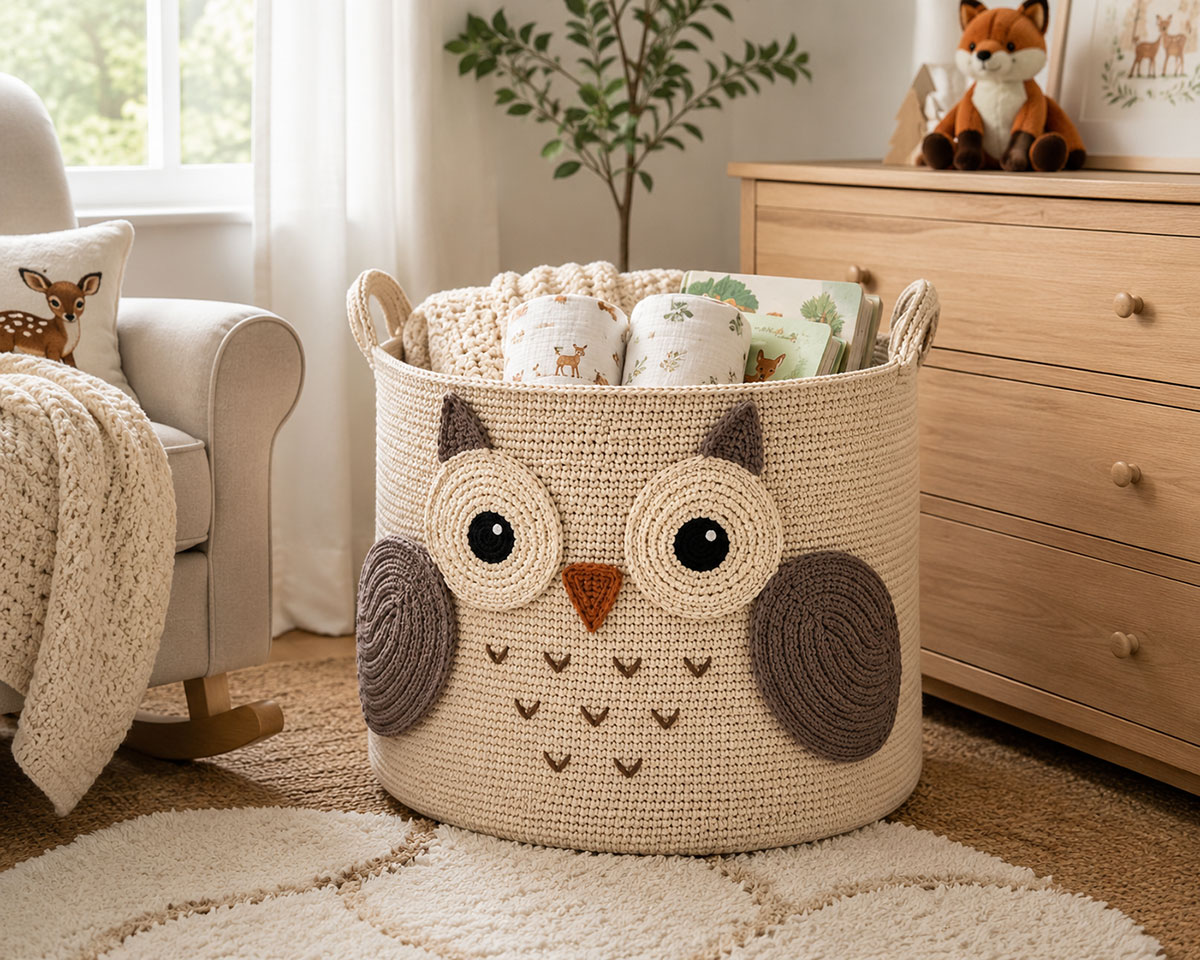 Free crochet owl basket pattern for woodland nursery storage and handmade decor