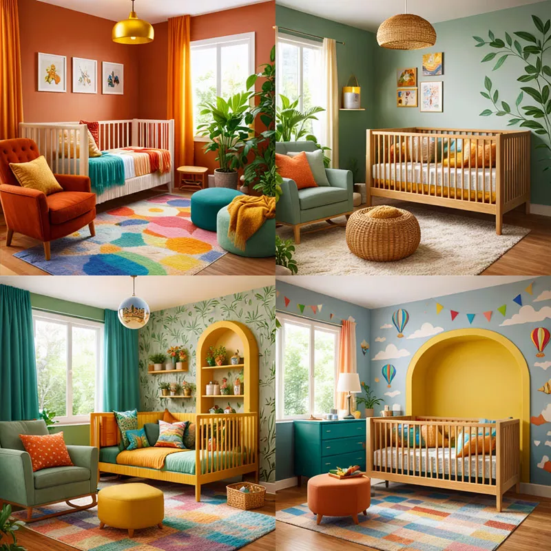 Trendy nursery color palette ideas featuring deep teal, dusty rose, muted terracotta, and sage green with modern crib styling