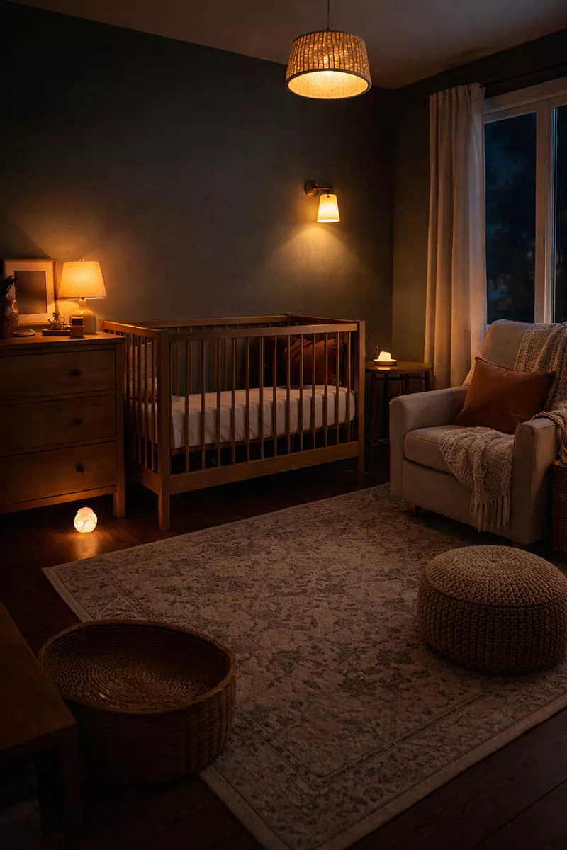 Nursery with layered lighting including lamp, wall sconce, and nightlight glow