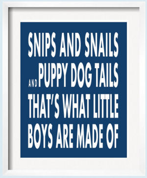 Framed snips and snails and puppy dog tails custom baby boy nursery art print in navy blue and white