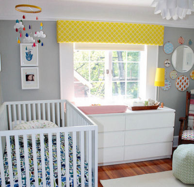 colorful bright yellow and gray baby girls real nursery design curtains white crib