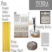 Zebra theme nursery ideas in gray yellow white and chevron stripes