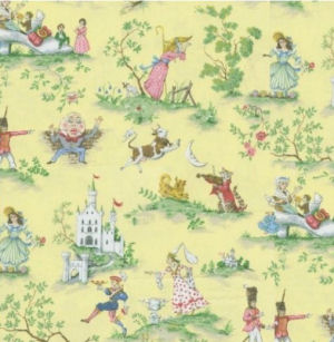 Nursery rhyme yellow toile fabric with Humpty Dumpty the cat in the fiddle and the cow jumped over the moon characters